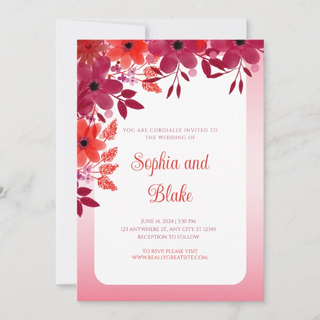 Pretty Red Floral Wedding Invitation (Front)