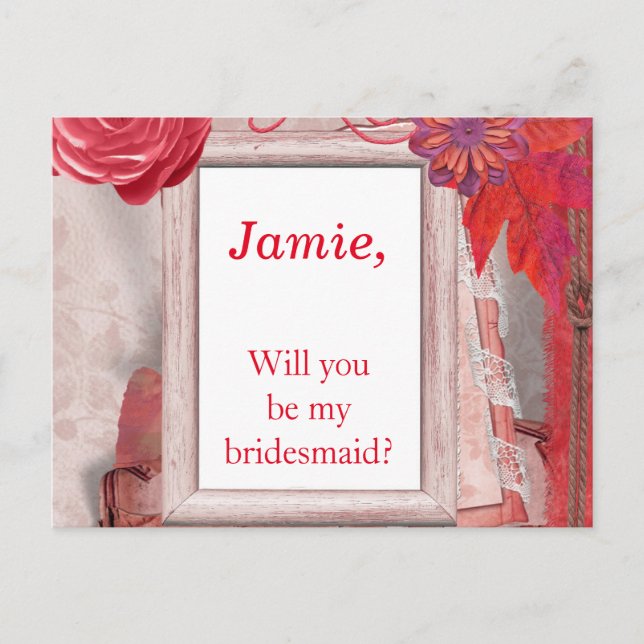 Pretty Red Flowers Will you be my bridesmaid Invitation Postcard (Front)