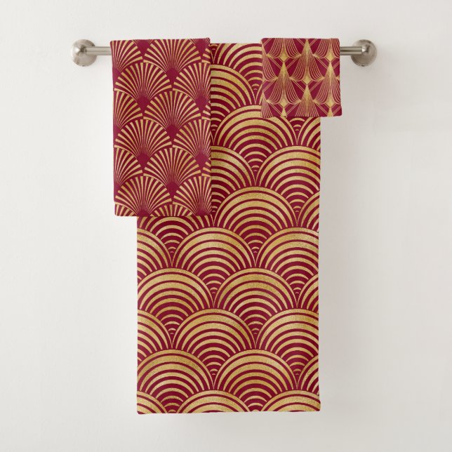 PRETTY RED & GOLD FAN LOOK ART DECO PATTERNS BATH TOWEL SET (Insitu)