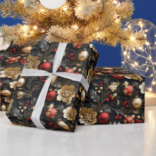 Pretty Red & Gold Ornaments Gold Flowers Holly Wrapping Paper