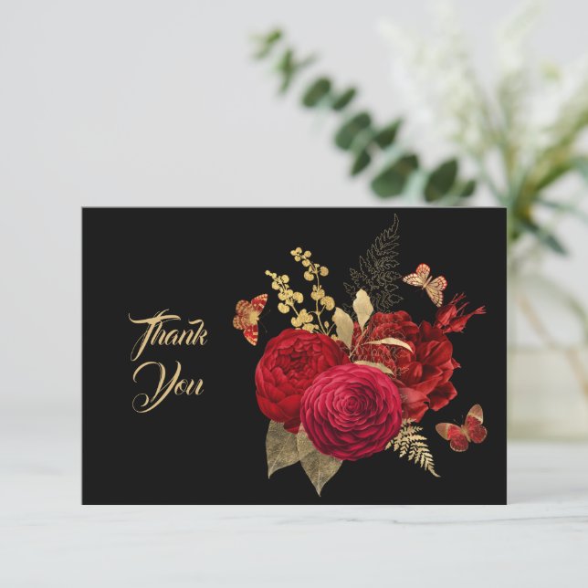 Pretty Red Gold Rose Butterfly Thank You Card (Standing Front)