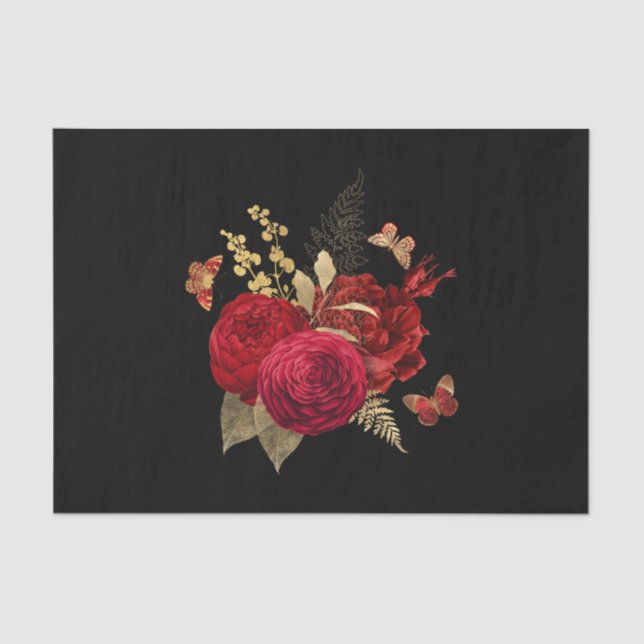 Pretty Red Gold Watercolor Rose Butterfly Tissue Paper (Front)