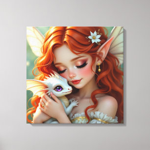 Pretty Red Haired Fairy with Dragon Canvas Print