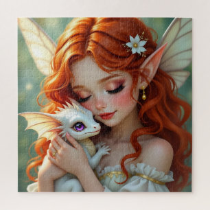 Pretty Red Haired Fairy with Dragon Jigsaw Puzzle