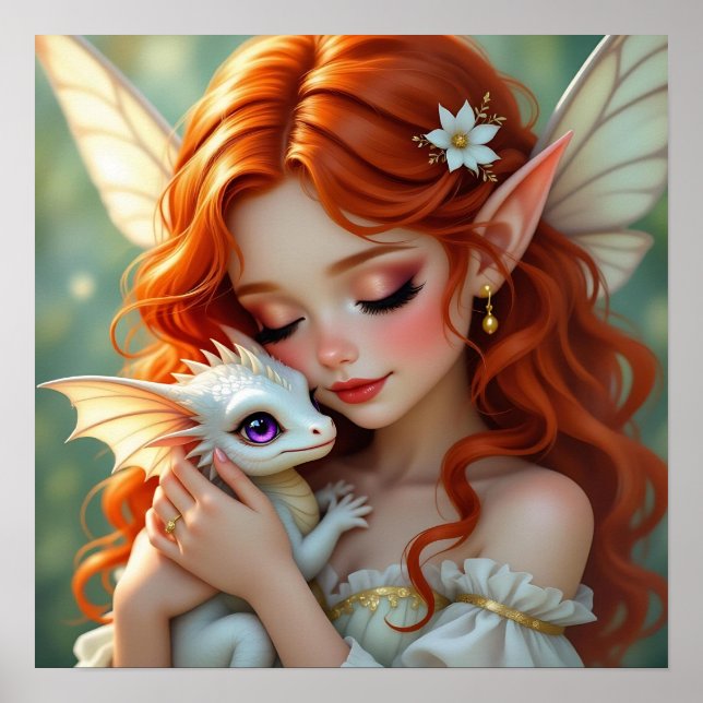 Pretty Red Haired Fairy with Dragon Poster (Front)