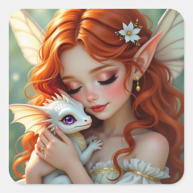 Pretty Red Haired Fairy with Dragon  Square Sticker (Front)