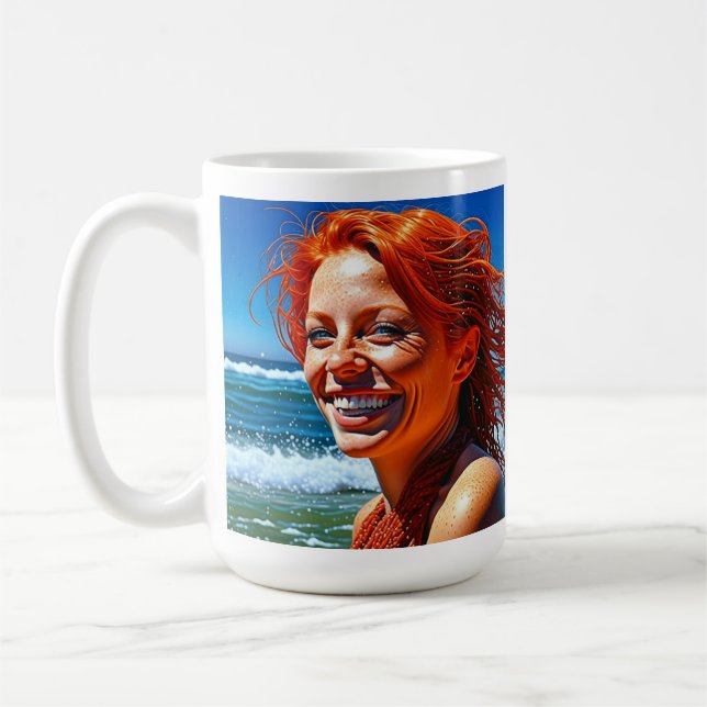 Pretty Red Haired Lady at Beach Personalized Coffee Mug (Left)