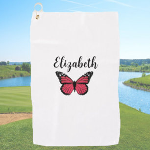 Pretty red monarch butterfly custom name ladies golf towel