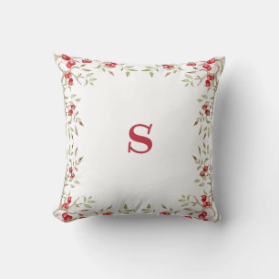 Pretty Red Monogram Red Berries Christmas Holiday Throw Pillow