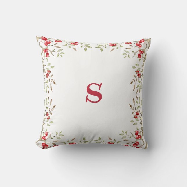 Pretty Red Monogram Red Berries Christmas Holiday Throw Pillow (Front)