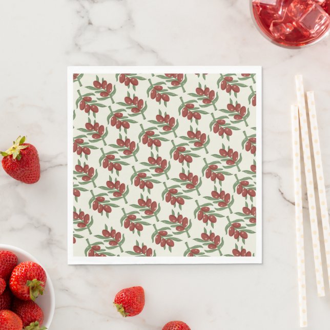 Pretty Red Olive Pattern Paper Napkin (Insitu)