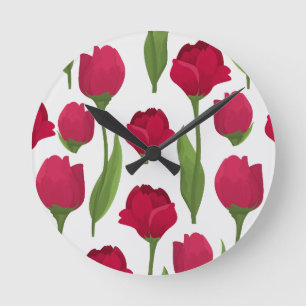 Pretty Red & Pink Botanical Roses Floral Round Clock