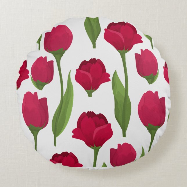 Pretty Red & Pink Botanical Roses Floral Round Pillow (Front)