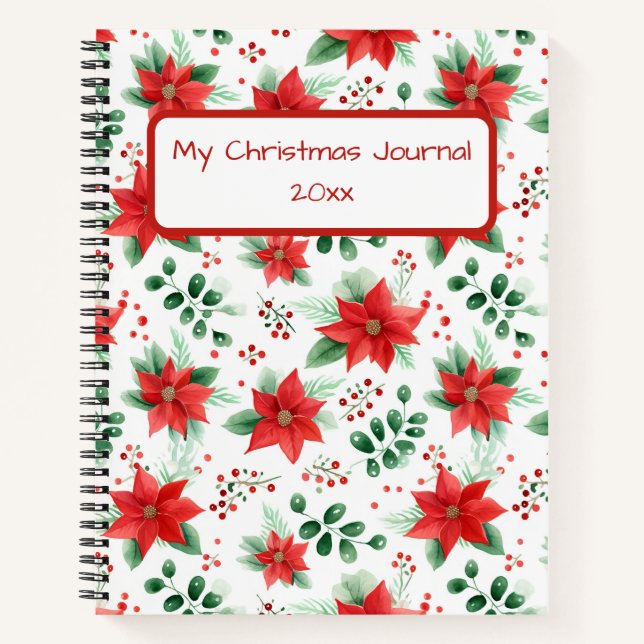 Pretty Red Poinsettia and Green Botanical Notebook (Front)