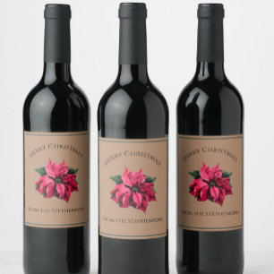 Pretty Red Poinsettia Christmas Flower Custom Name Wine Label