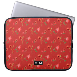 Pretty Red Poppies Pattern Monogram Laptop Sleeve