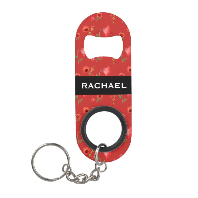 Pretty Red Poppies Pattern Personalised Keychain Bottle Opener (Front)
