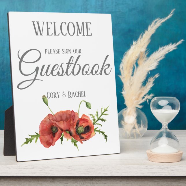 Pretty Red Poppies Wedding Guestbook  Plaque (Side)