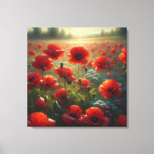 Pretty Red Poppy Field on a Summer Day Canvas Print