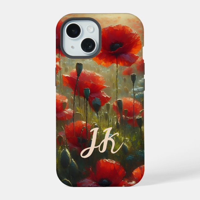 Pretty Red Poppy Field on a Summer Day Monogrammed iPhone 15 Case (Back)