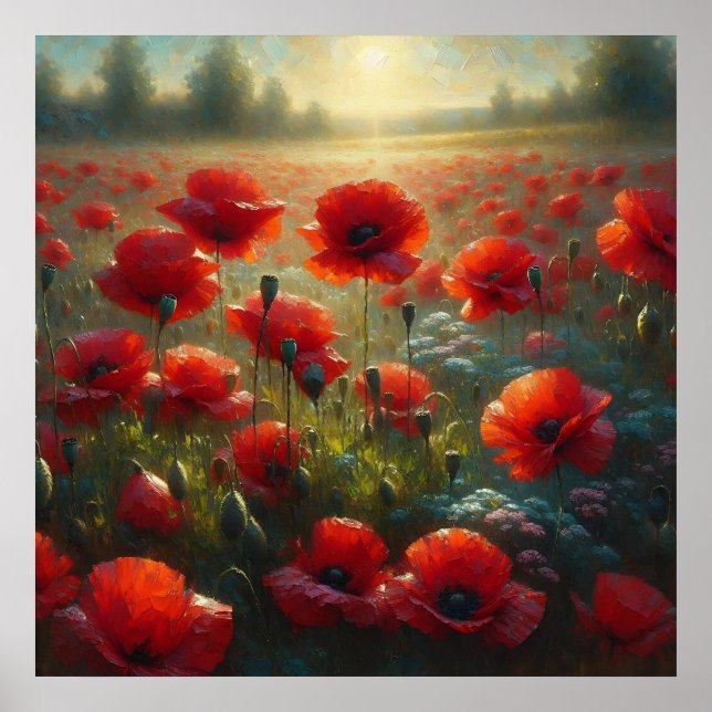 Pretty Red Poppy Field on a Summer Day Poster (Front)