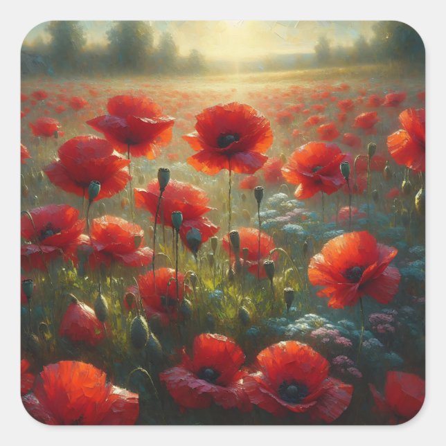 Pretty Red Poppy Field on a Summer Day Square Sticker (Front)