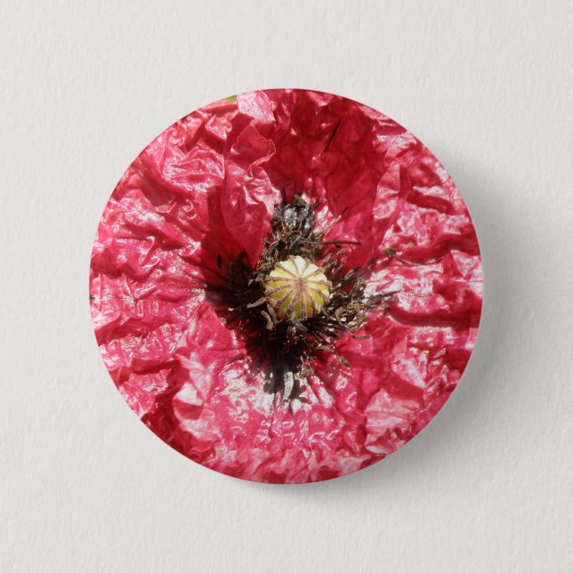 Pretty Red Poppy Flower Macro Button (Front)