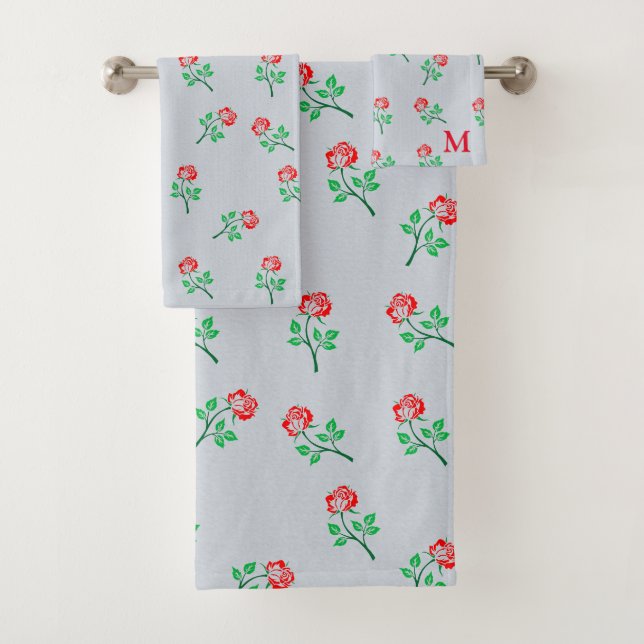 Pretty Red Rose Minimalist Pattern Pastel Blue Bath Towel Set (Insitu)