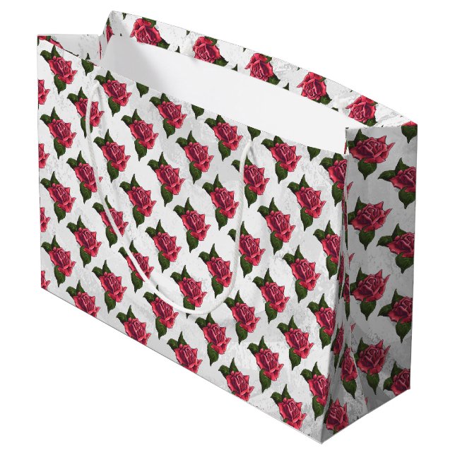Pretty Red Rose Pattern Large Gift Bag (Back Angled)