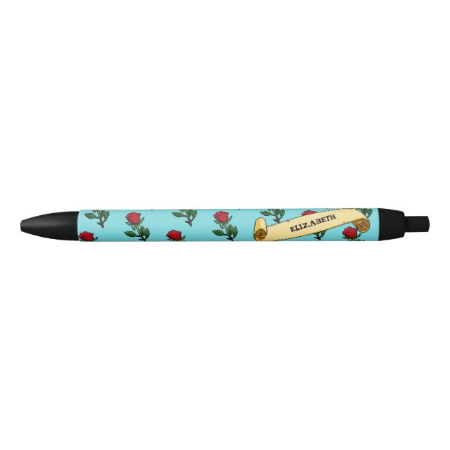 Pretty Red Rose & Ribbon Add Your Name 80s Retro Black Ink Pen (Front)