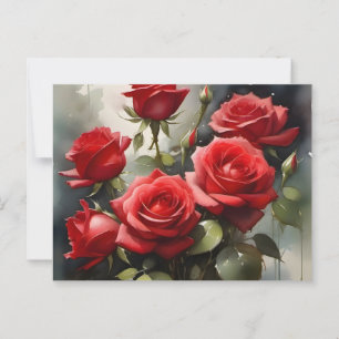 Pretty red roses watercolor painting postcard