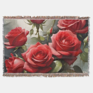 Pretty red roses watercolor painting throw blanket
