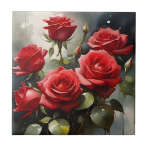 Pretty red roses watercolor painting tile