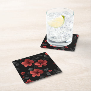 Pretty Red Summer Flowers on Black Square Paper Coaster