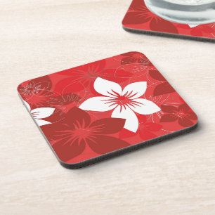 Pretty Red Tropical Flower Pattern Beverage Coaste Coaster
