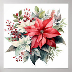 Pretty Red Watercolor Xmas Poinsettia Flowers Poster