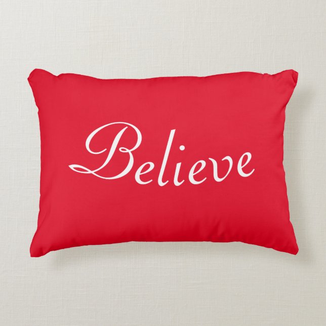 Pretty red & white "Believe" Christmas Accent Pillow (Front)