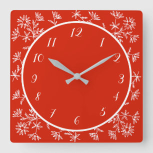 Pretty Red White Floral Design Stylish Decorative Square Wall Clock