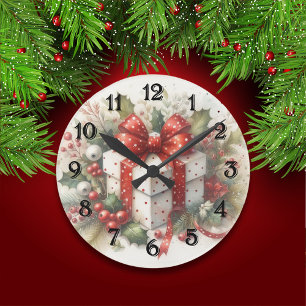 Pretty Red White Polka Dot Coquette Bow and Holly Round Clock