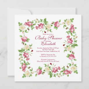 Pretty Red & White Rose Floral Girl Baby Shower Invitation