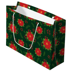 Pretty Red Winter Poinsettia on Green Pattern Large Gift Bag