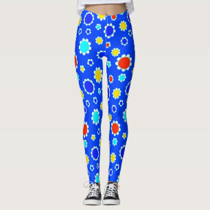 Pretty Red Yellow Blue Flowers Blue Leggings