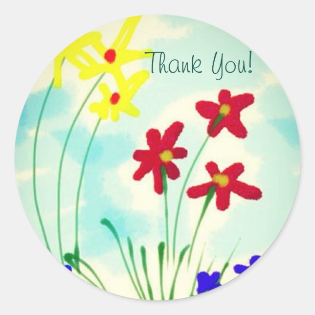 Pretty Red & Yellow Fingerpaint Flowers Thank You Classic Round Sticker (Front)
