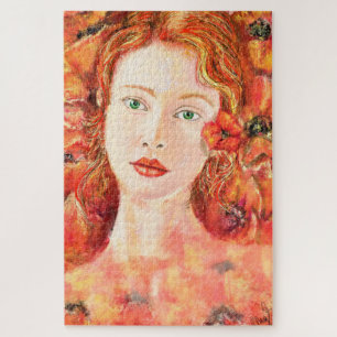 Pretty Redhead Green Eyed Woman Original Painting Jigsaw Puzzle