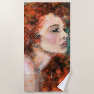 Pretty Redhead Woman - Abstract Original Painting Beach Towel