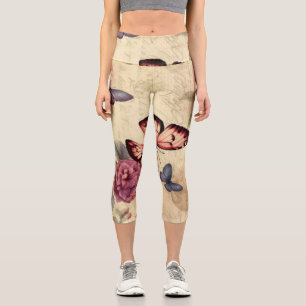 Pretty retro background Floral and butterflies Capri Leggings