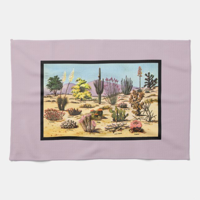 Pretty Retro Cactus Chart Girly Dusty Pink Desert Kitchen Towel (Horizontal)