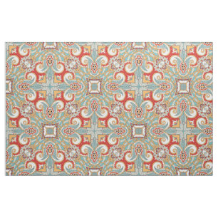 Pretty Retro Chic Red Teal Floral Mosaic Pattern Fabric