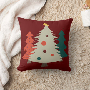 Pretty Retro Christmas Trees Burgundy Throw Pillow