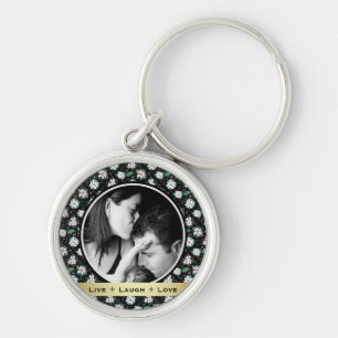 Pretty Retro Floral Black Pattern Photo Keychain